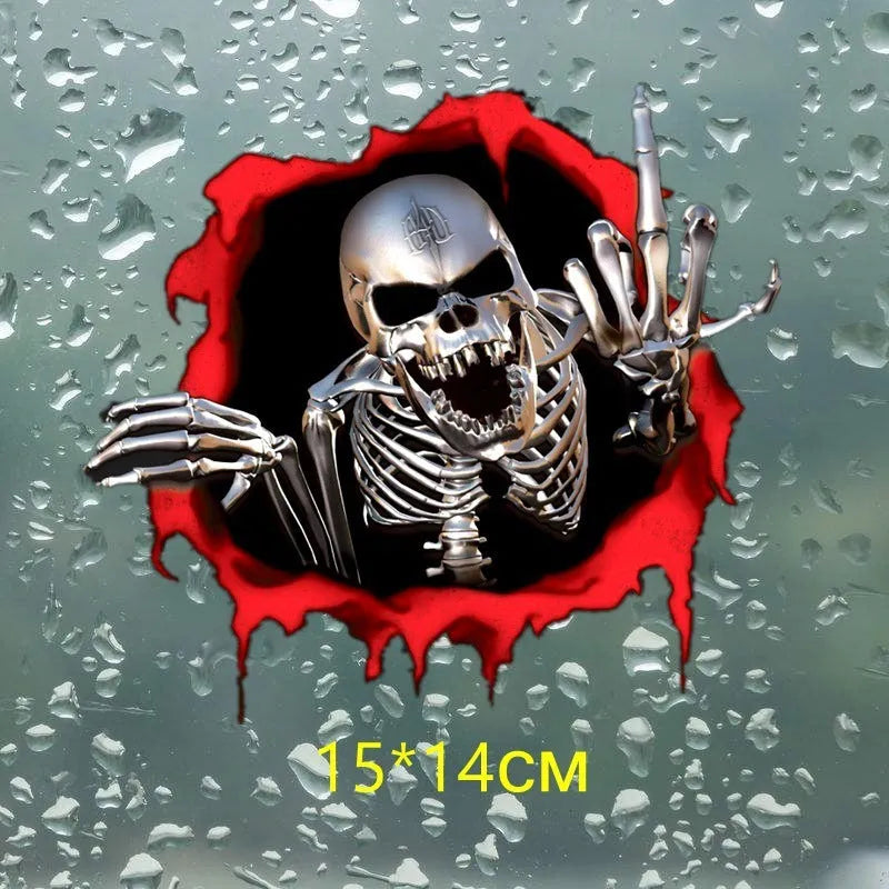 Reflective metal skull car sticker with colourful broken shell design measuring 15cm by 14cm
