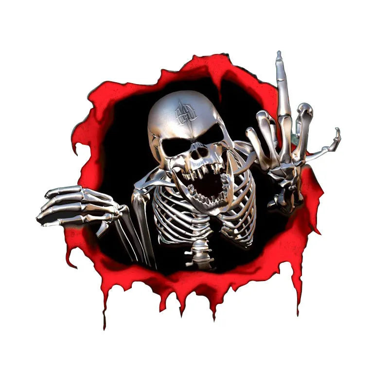 Reflective metal skull car sticker with colourful broken shell design measuring 15cm by 14cm
