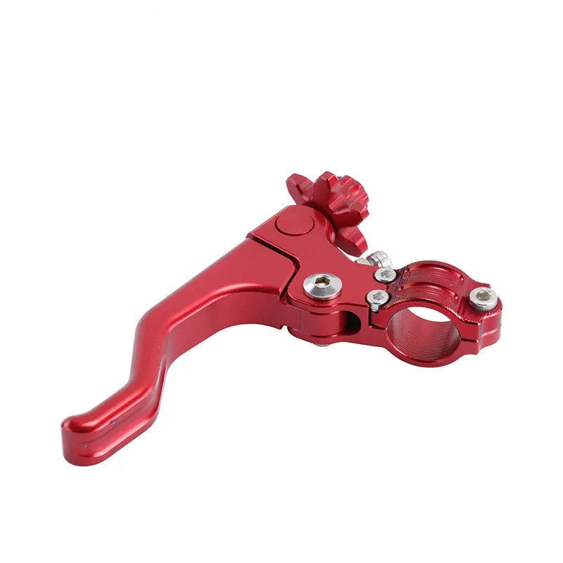 Aluminium alloy two finger motorcycle clutch lever in red colour on a black background.