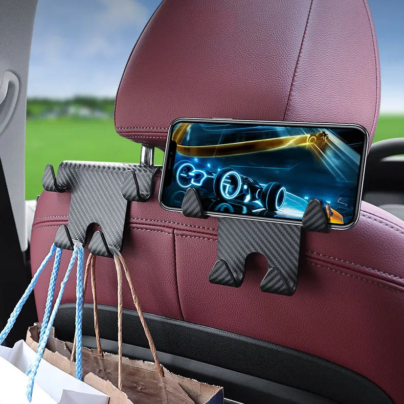 Black car multifunction hook bracket with integrated phone holder for rear seat storage organisation