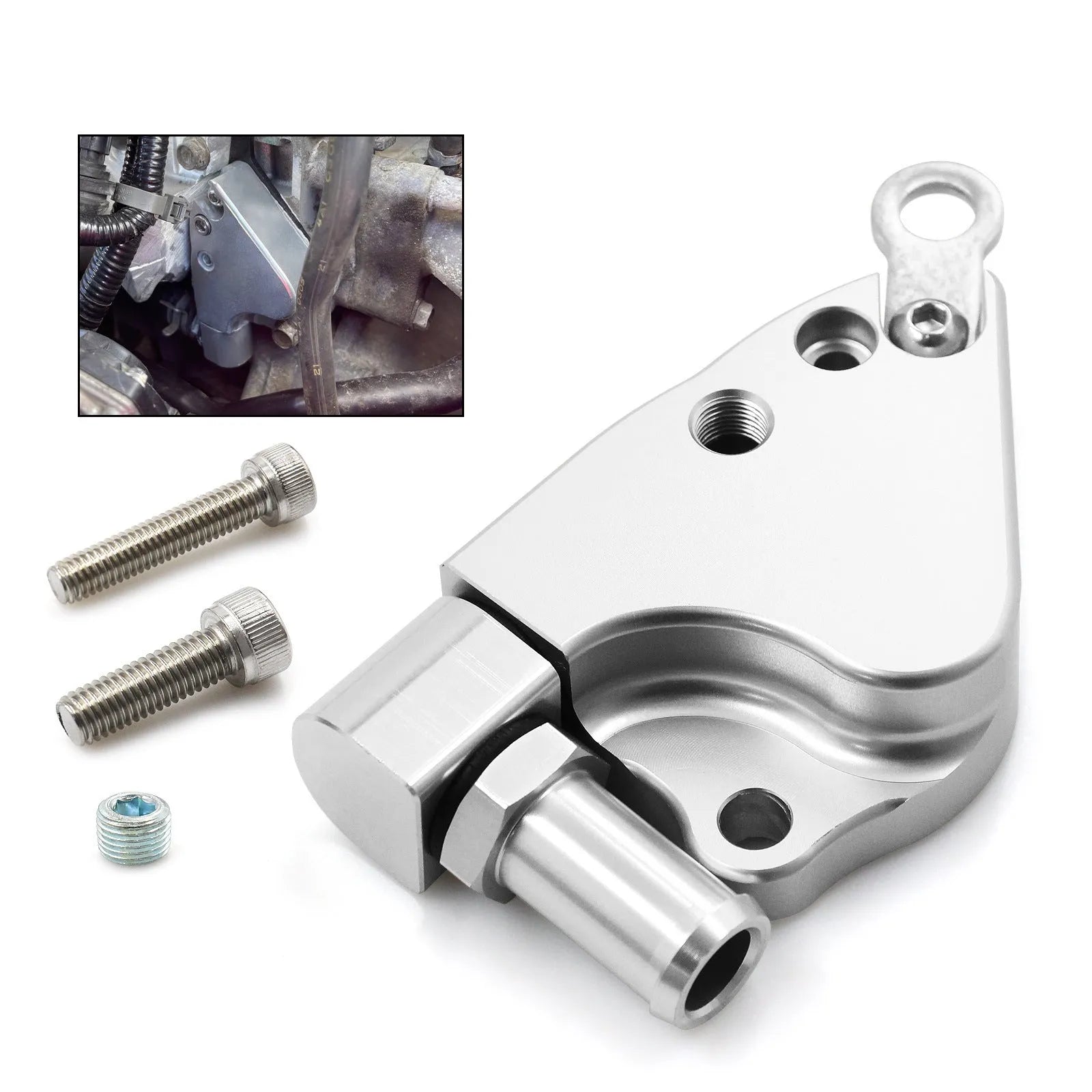 Aluminium intake manifold coolant adapter for K20 K24 engine series with dimensions 145mm x 105mm x 35mm