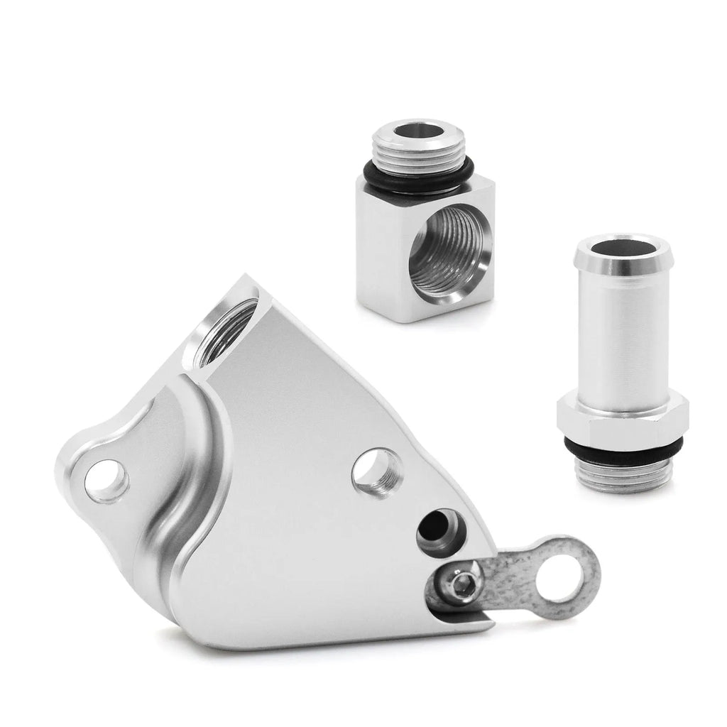Aluminium intake manifold coolant adapter for K20 K24 engine series with dimensions 145mm x 105mm x 35mm