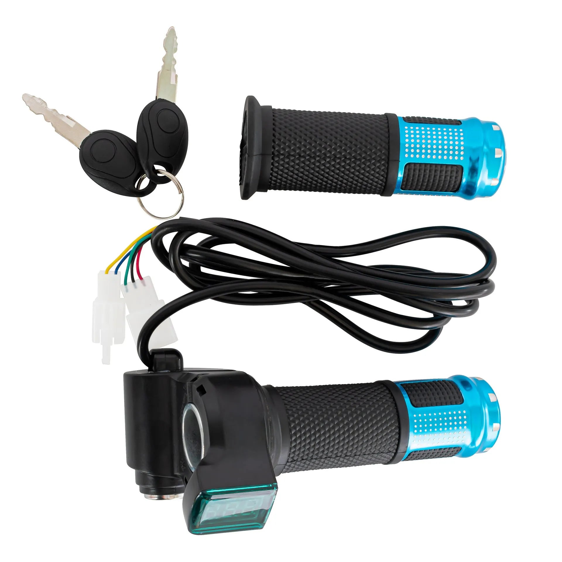 Electric vehicle handlebar control section in blue, red, silver, or yellow colours showing 5-core wiring connection