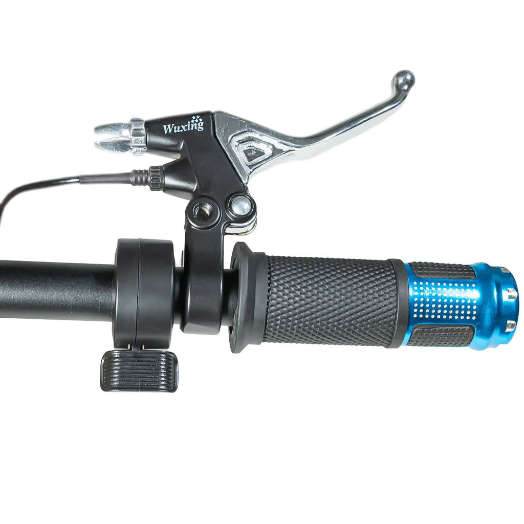 Electric vehicle handlebar control section in blue, red, silver, or yellow colours showing 5-core wiring connection
