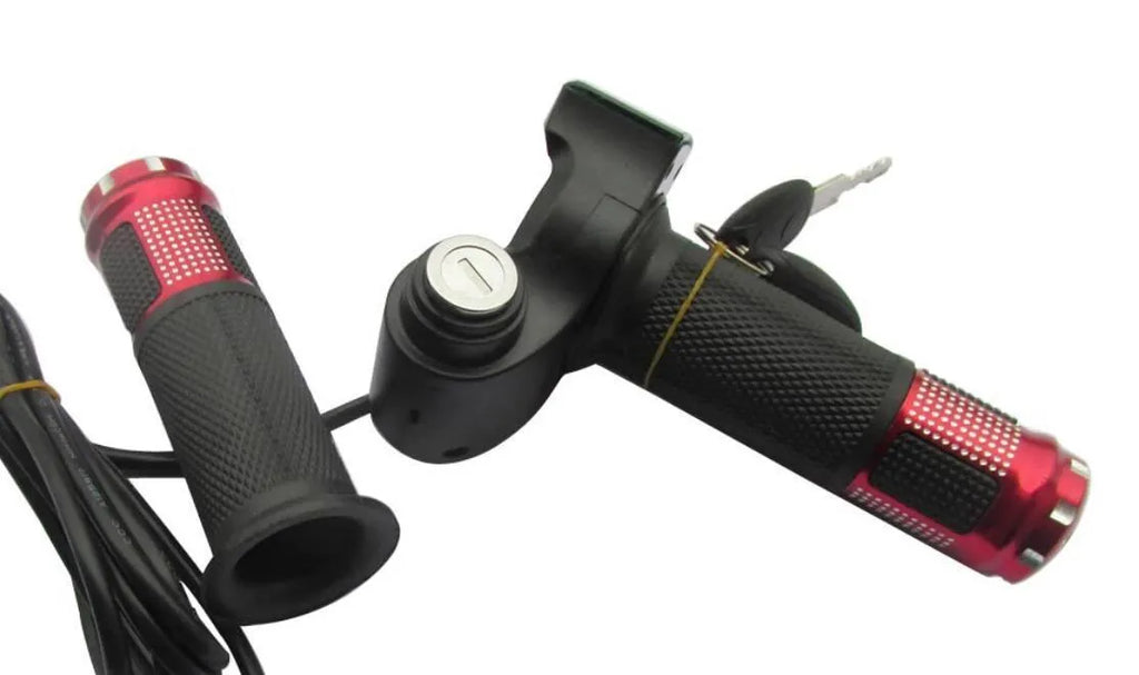 Electric vehicle handlebar control section in blue, red, silver, or yellow colours showing 5-core wiring connection