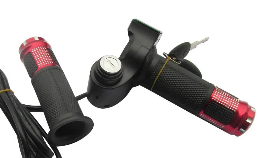 Electric vehicle handlebar control section in blue, red, silver, or yellow colours showing 5-core wiring connection