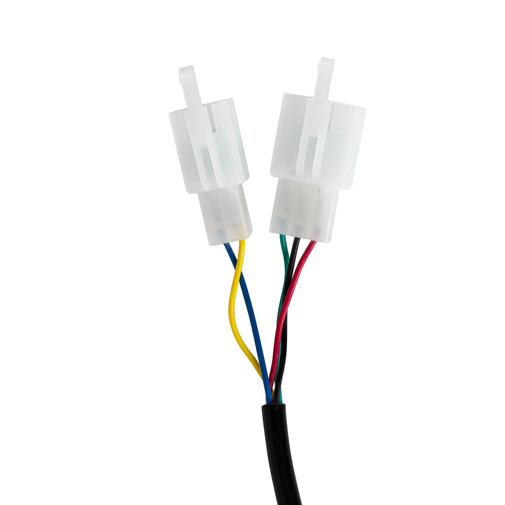 Electric vehicle handlebar control section in blue, red, silver, or yellow colours showing 5-core wiring connection