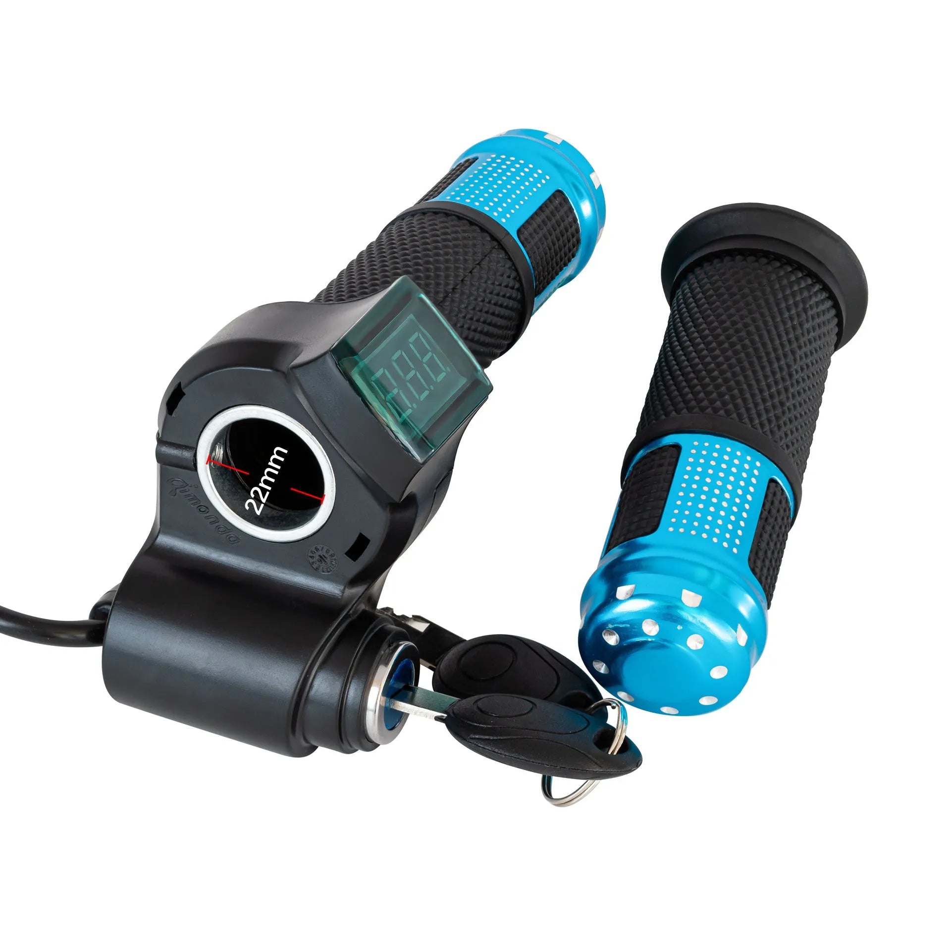 Electric vehicle handlebar control section in blue, red, silver, or yellow colours showing 5-core wiring connection