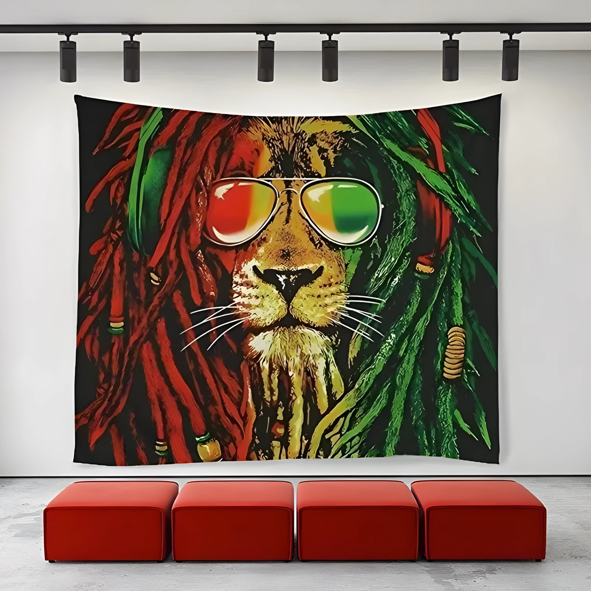 Lion tapestry wall hanging European style polyester lion king art in a living room setting