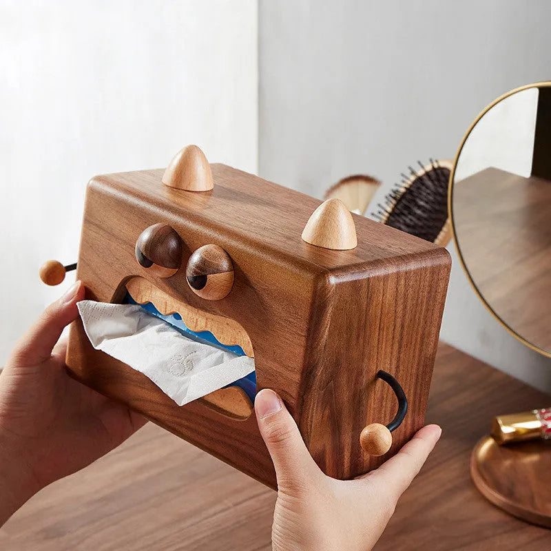 Little Monster cartoon design wooden tissue box in walnut beech finish, 190mm wide.