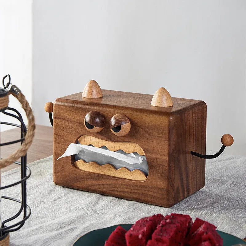 Little Monster cartoon design wooden tissue box in walnut beech finish, 190mm wide.