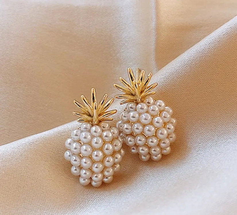 Korean style pineapple starfish pearl earrings in electroplated alloy with gemstone inlay
