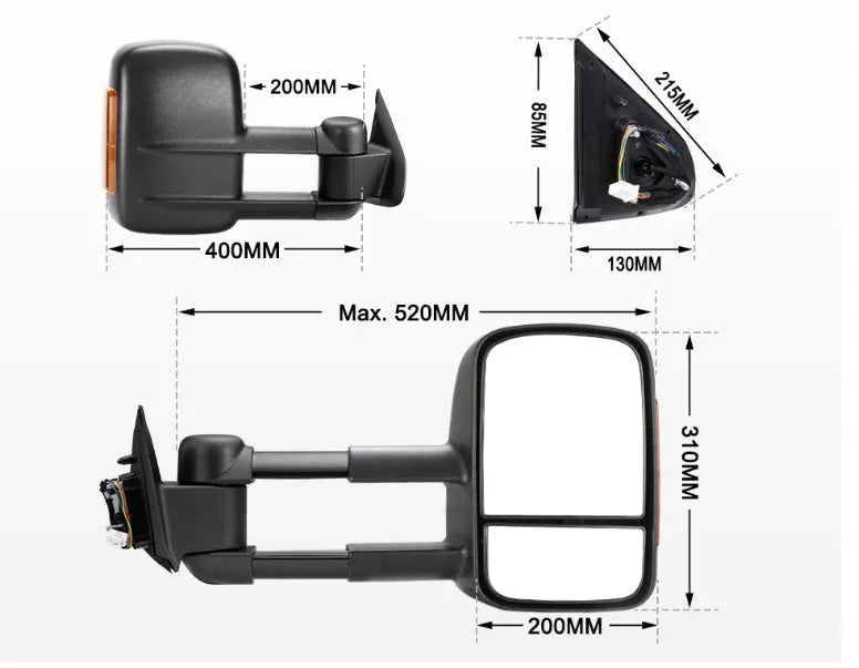 Black electric exterior rear vision mirrors with integrated turn signal indicators for Nissan NP300 D23