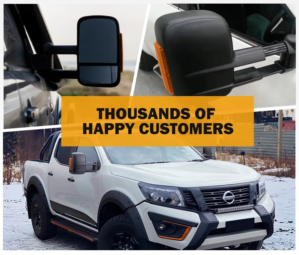 Black electric exterior rear vision mirrors with integrated turn signal indicators for Nissan NP300 D23