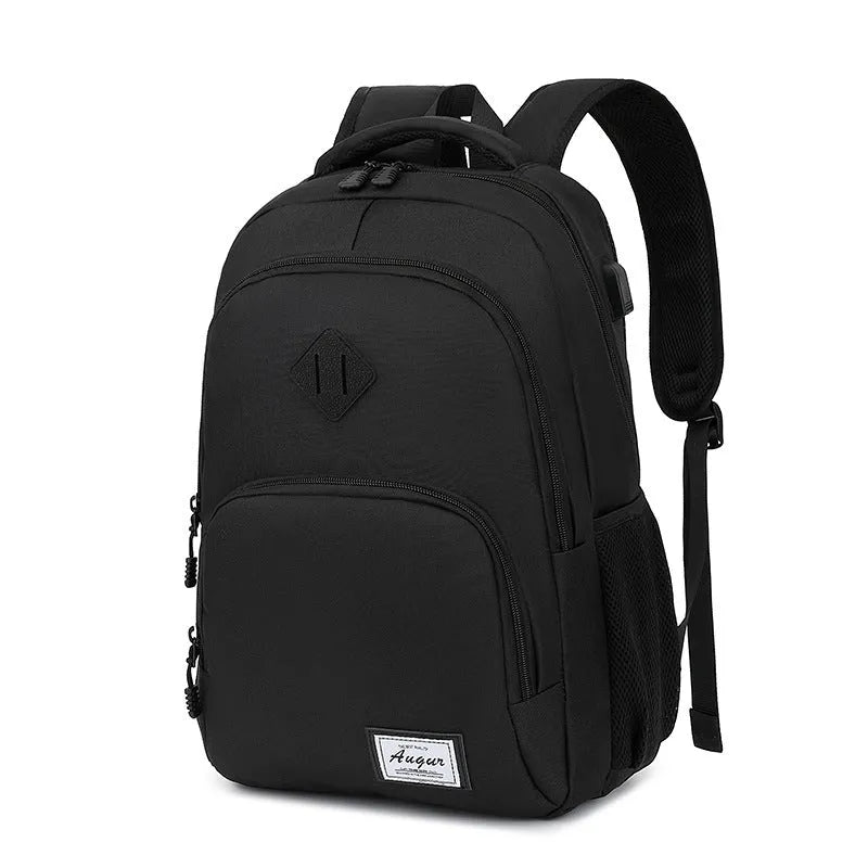 Grey nylon backpack with USB charging port and trolley strap on luggage