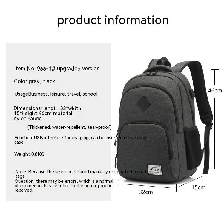 Grey nylon backpack with USB charging port and trolley strap on luggage
