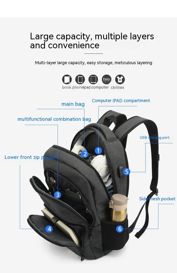 Grey nylon backpack with USB charging port and trolley strap on luggage