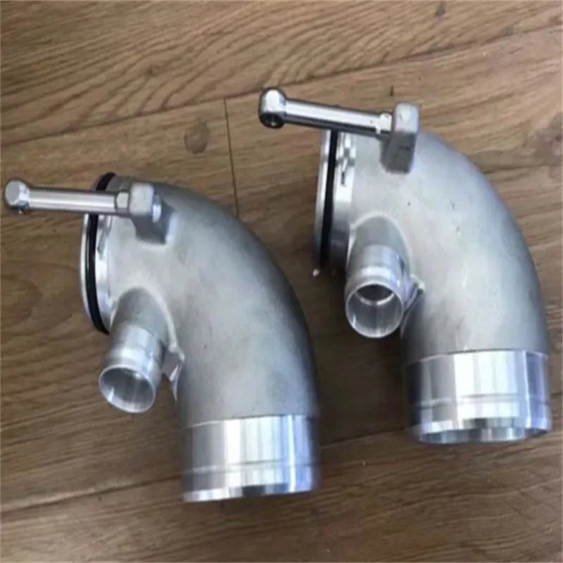 Aluminium alloy 90 degree turbocharger elbow pipe connector for lateral engine positioning