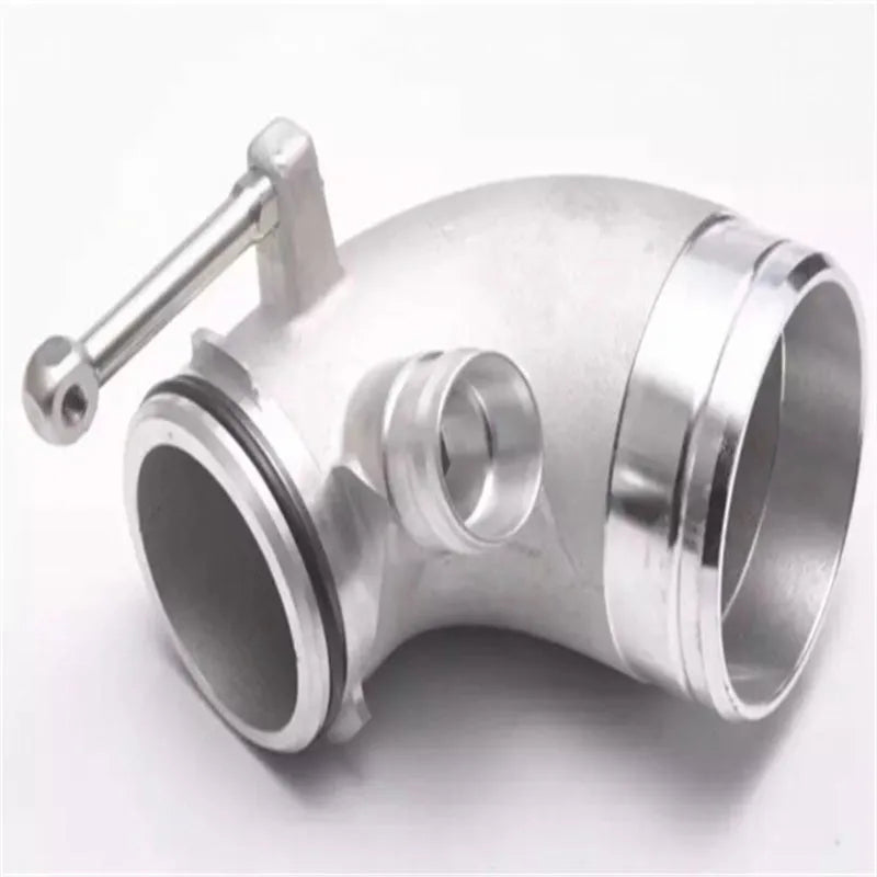 Aluminium alloy 90 degree turbocharger elbow pipe connector for lateral engine positioning