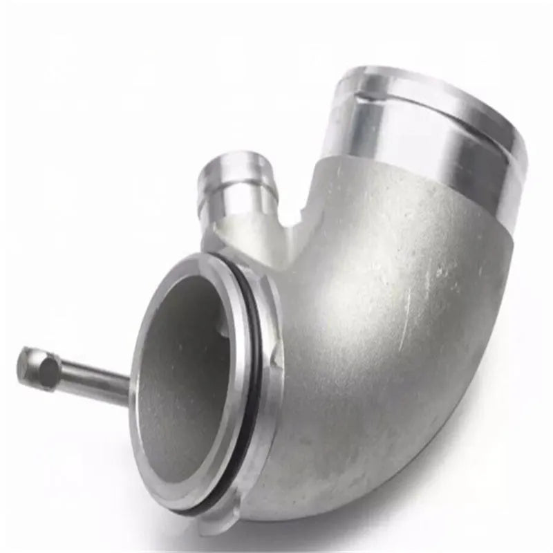 Aluminium alloy 90 degree turbocharger elbow pipe connector for lateral engine positioning