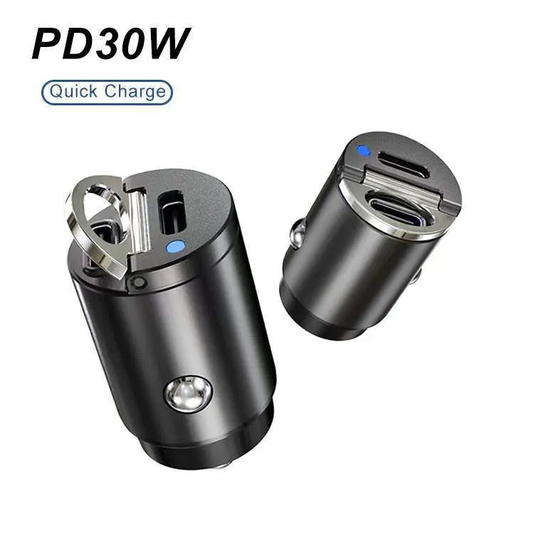 Mini zinc alloy car charger with dual USB-C ports for 30W fast charging