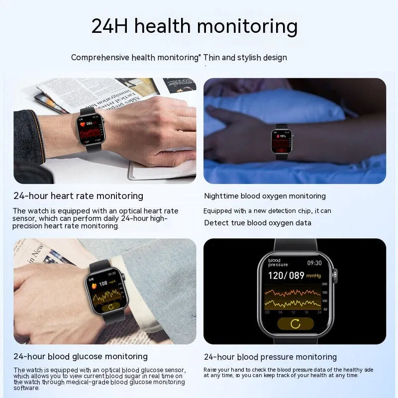 Smart watch with Bluetooth calling heart rate body temperature sensors on wrist display showing health data