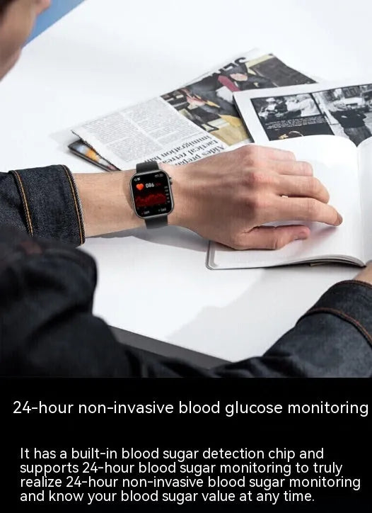 Smart watch with Bluetooth calling heart rate body temperature sensors on wrist display showing health data