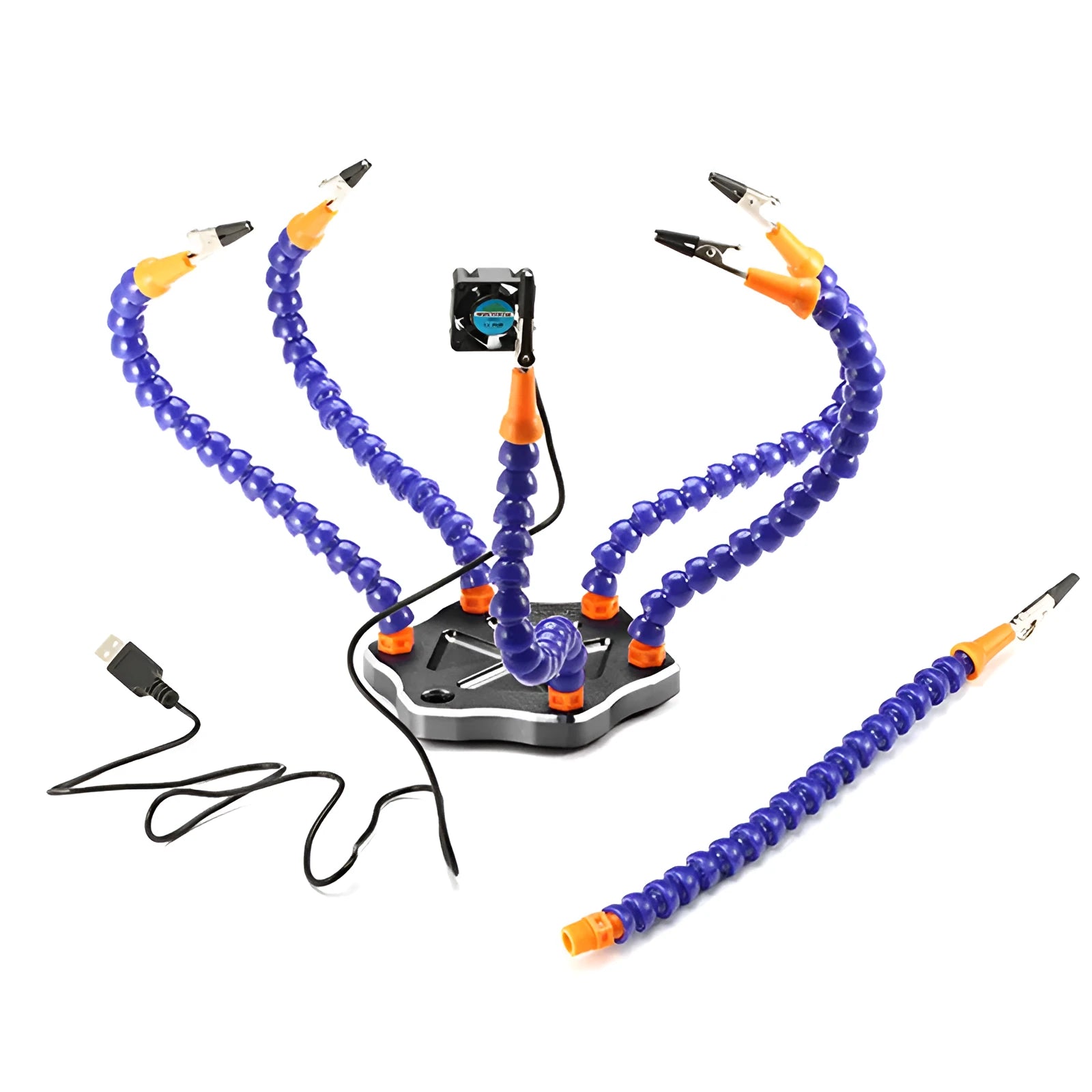 Black and purple aluminium alloy six-jaw welding station with multiple arms for model repair.