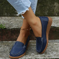 Women's PU leather laofers flat shoes with round toe and car suture detail.