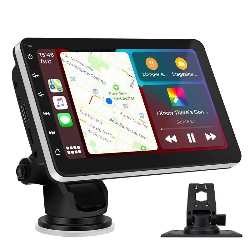 7 inch wireless CarPlay car GPS navigator with reversing camera on a universal suction cup bracket.