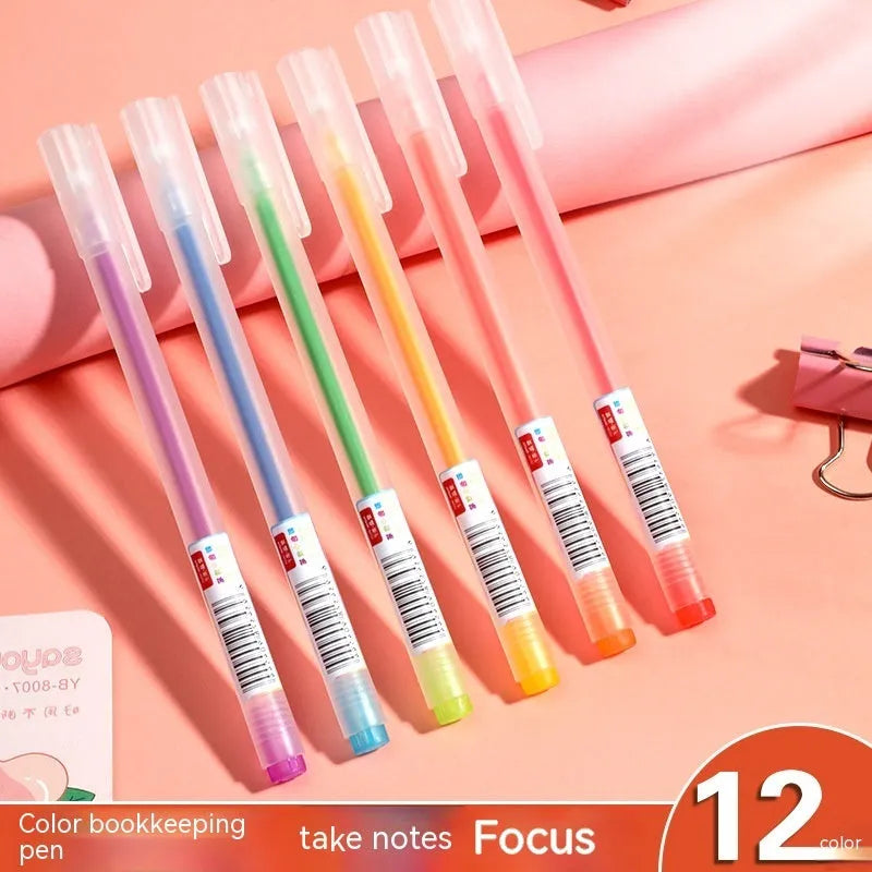 Boxed set of 12 multi-coloured gel pens with 0.5mm plastic tips for stationery