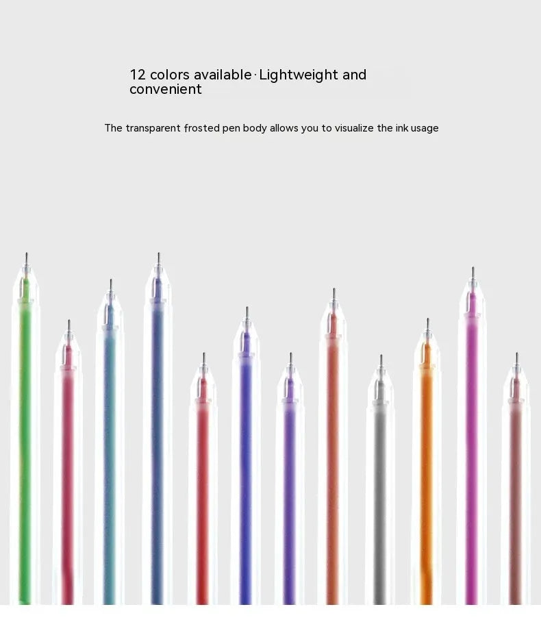Boxed set of 12 multi-coloured gel pens with 0.5mm plastic tips for stationery