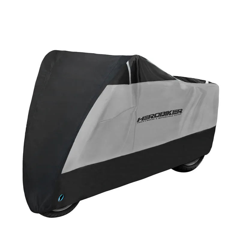 Polyester motorcycle rain cover in black colour with heat insulation and anti-theft features