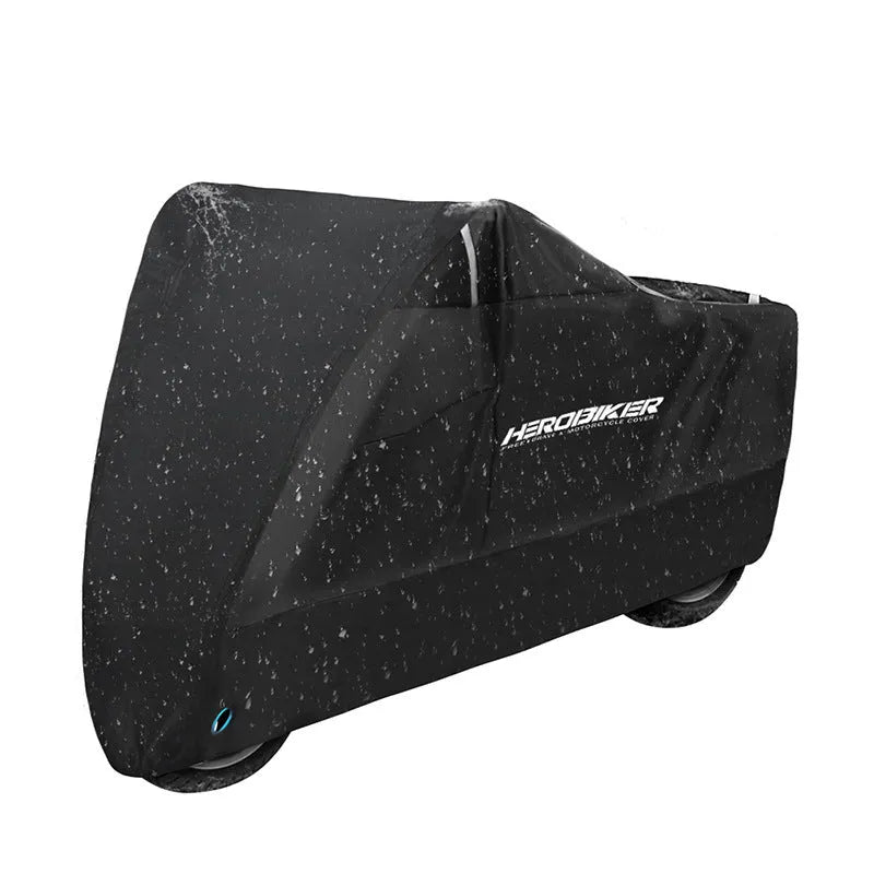 Polyester motorcycle rain cover in black colour with heat insulation and anti-theft features