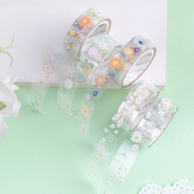 Five rolls of transparent adhesive tape with colourful midsummer daisy cartoon decoration for DIY diary projects