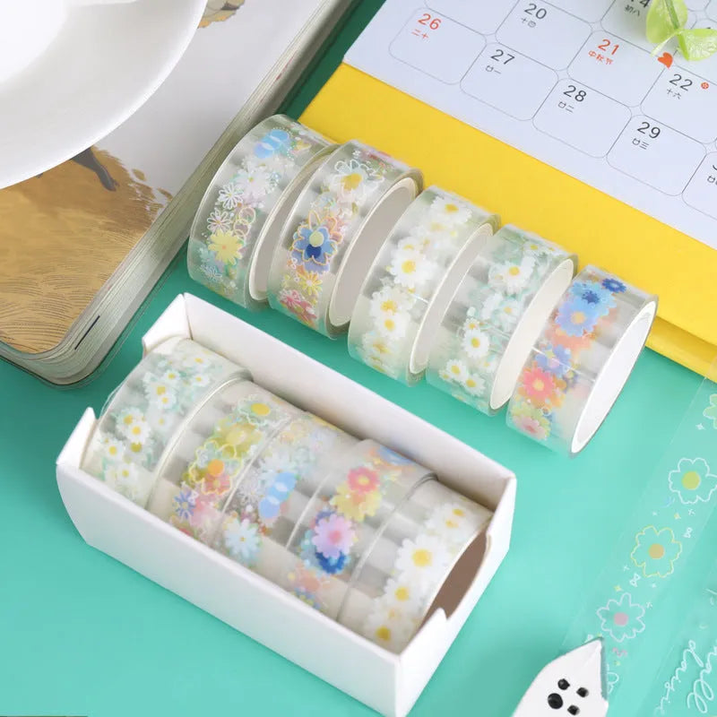 Five rolls of transparent adhesive tape with colourful midsummer daisy cartoon decoration for DIY diary projects