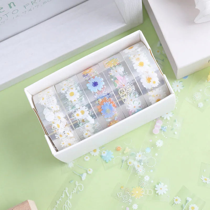 Five rolls of transparent adhesive tape with colourful midsummer daisy cartoon decoration for DIY diary projects