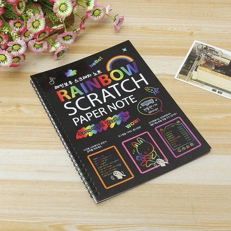 Children's scratch art paper set with large scraper tool and 26x19cm colourful design sheets