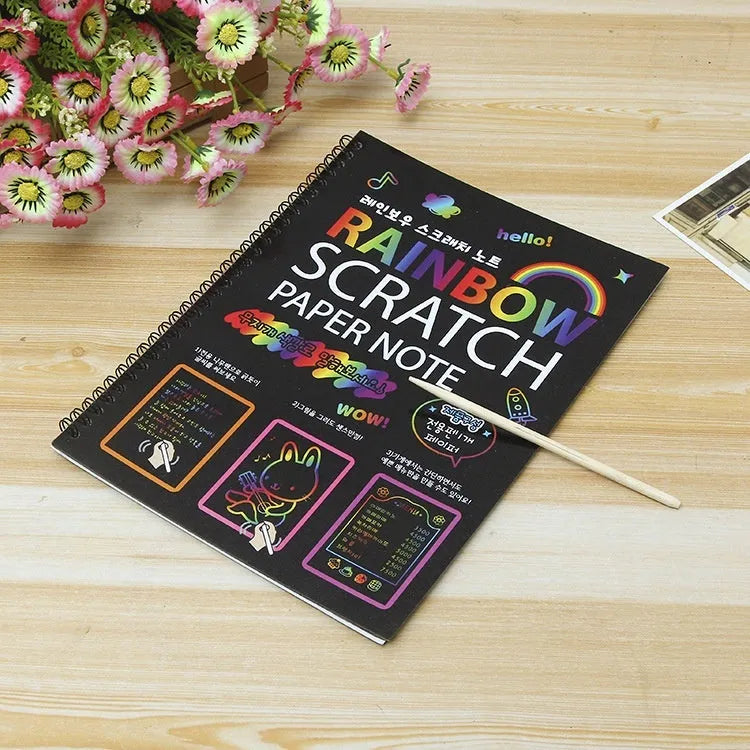 Children's scratch art paper set with large scraper tool and 26x19cm colourful design sheets