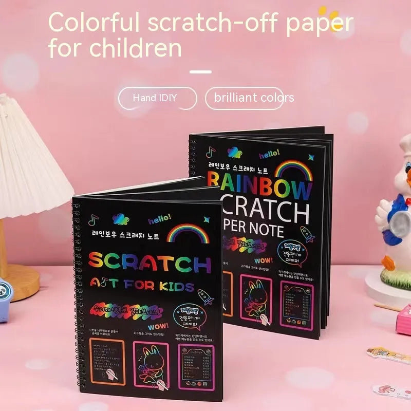 Children's scratch art paper set with large scraper tool and 26x19cm colourful design sheets