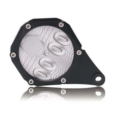 Black carbon fibre patterned metal alloy motorcycle tax disc holder with anti-theft screw.