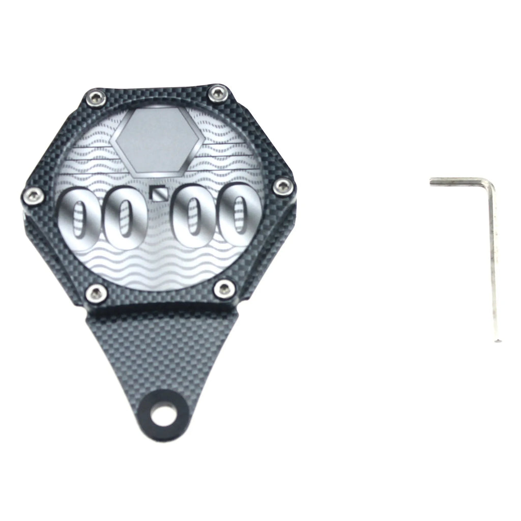 Black carbon fibre patterned metal alloy motorcycle tax disc holder with anti-theft screw.
