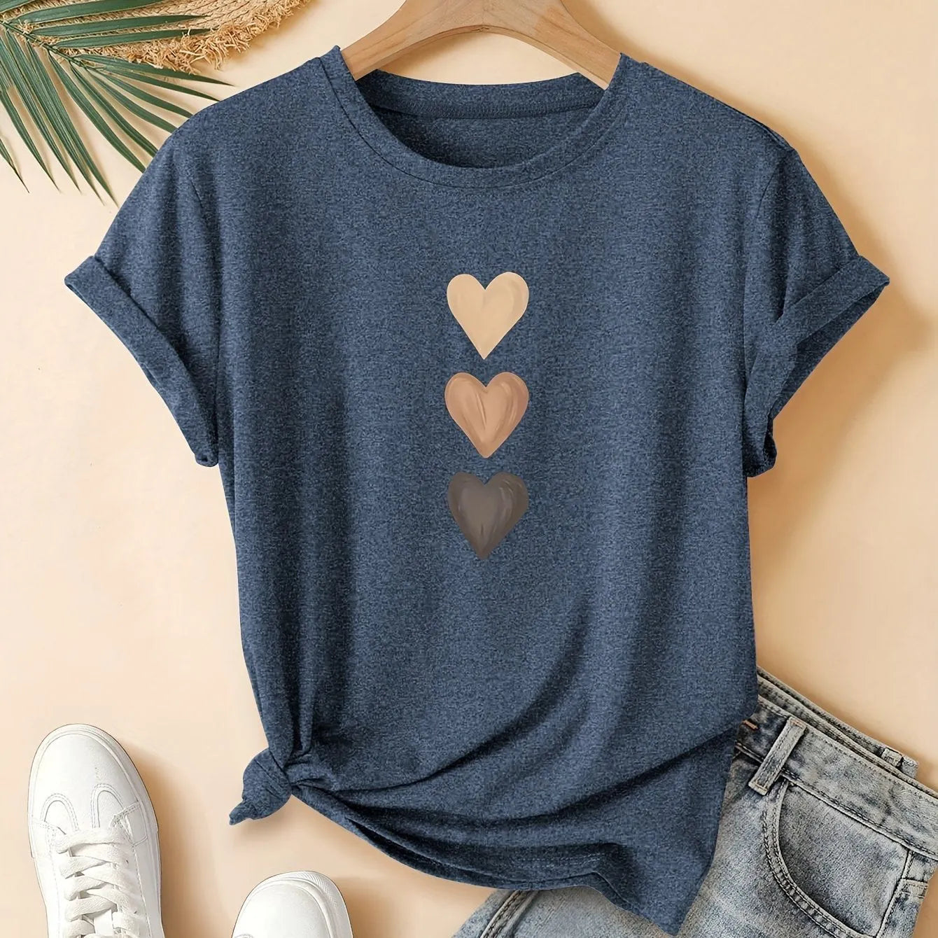 Women's pure cotton short sleeve t-shirt with a retro-style three heart print on the front.