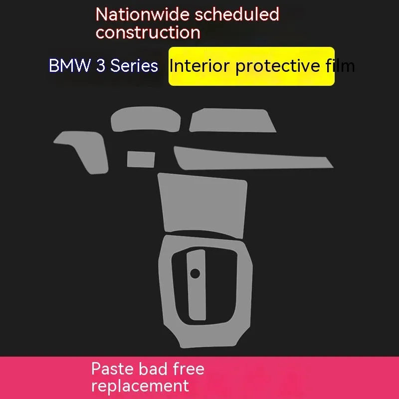 Transparent TPU protective film kit for BMW 3 Series dashboard and centre console interior.