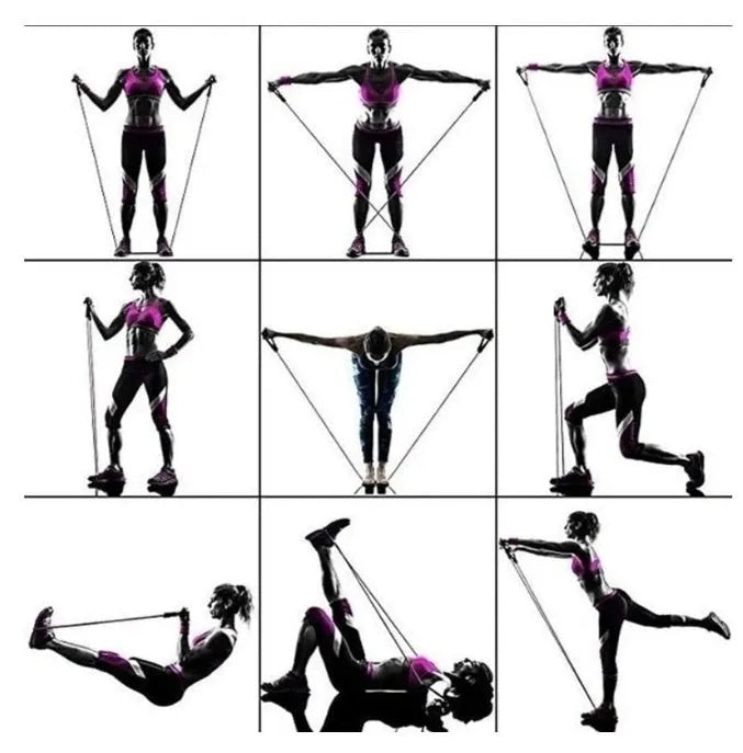 16-piece latex resistance band set with purple, green, and black traction ropes, handles, foot rings, door buckle, and storage bag