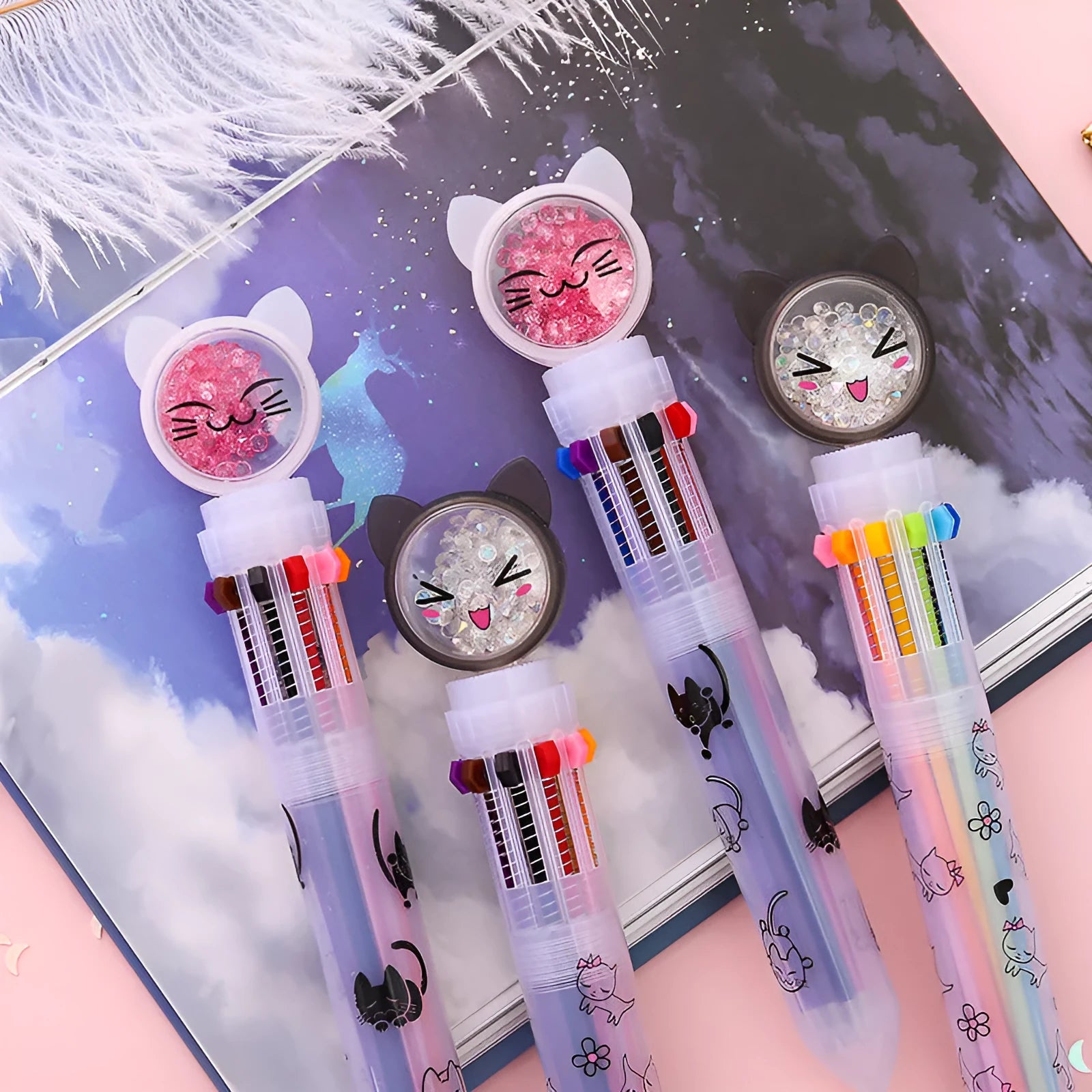 Cute cat design mechanical pencil with 10-colour refills showing 0.5mm tip and press mechanism