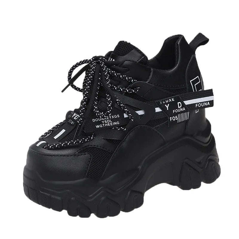Women's white mesh platform sports shoes with cross-strap design and rubber sole