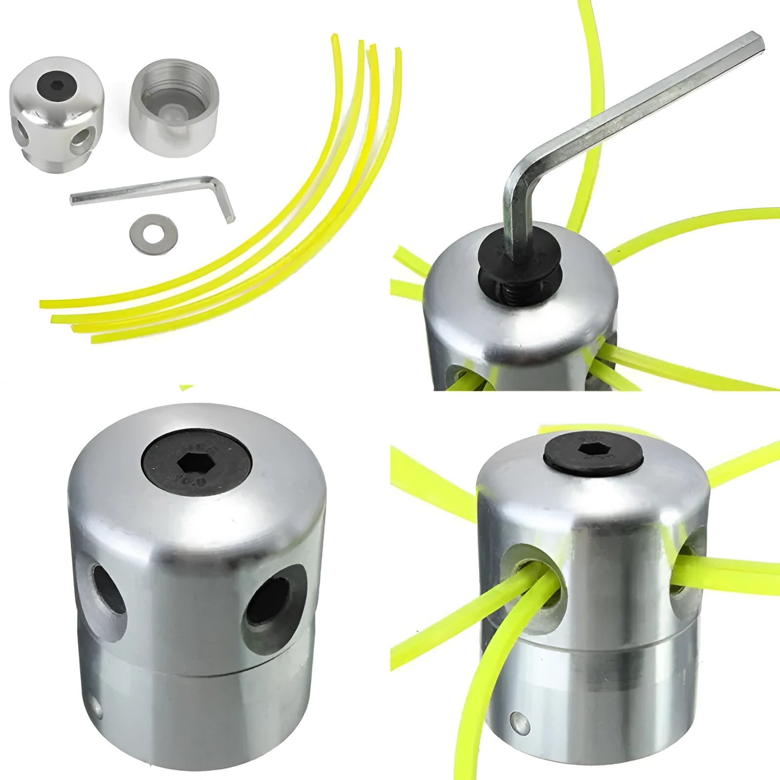 Silver aluminium lawn mower grass trimmer head with four light yellow nylon cutting lines and wrench