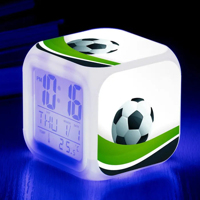 Football pattern mute alarm clock with cartoon design in square plastic case