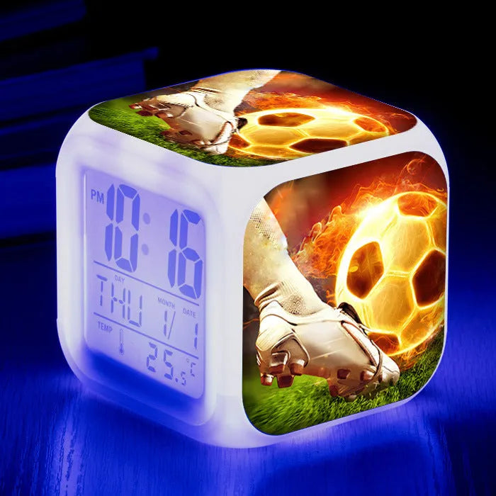 Football pattern mute alarm clock with cartoon design in square plastic case